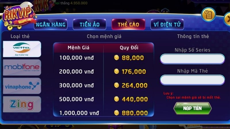 Nạp tiền bằng thẻ cào