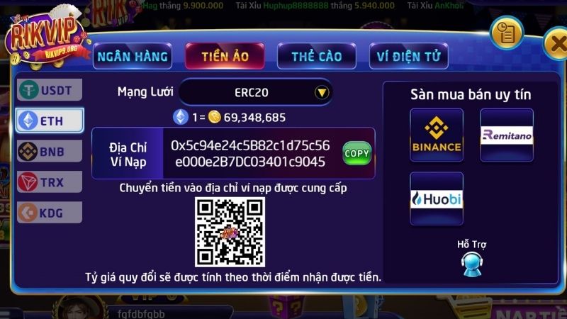 Nạp tiền qua tiền ảo