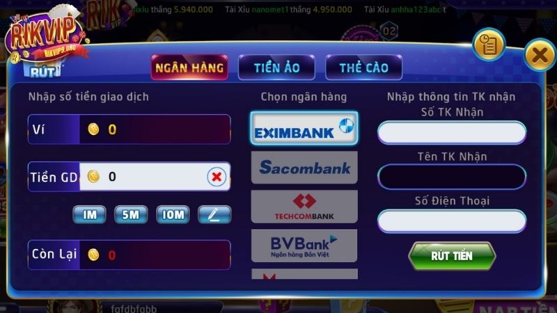 Rút tiền Rikvip qua ngân hàng